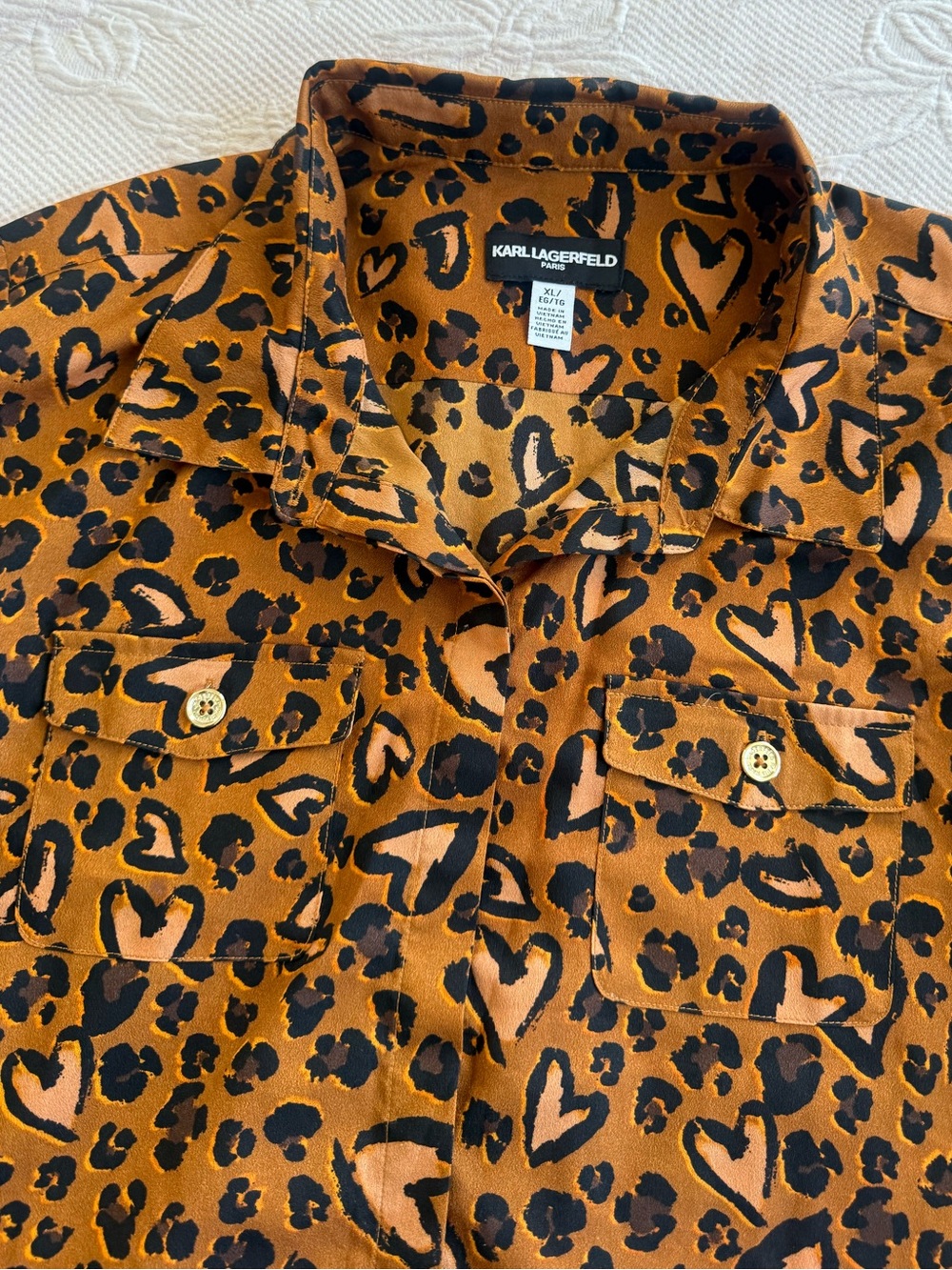 Karl Lagerfeld Leopard Heart Print Button-Up Shirt in Rust Black